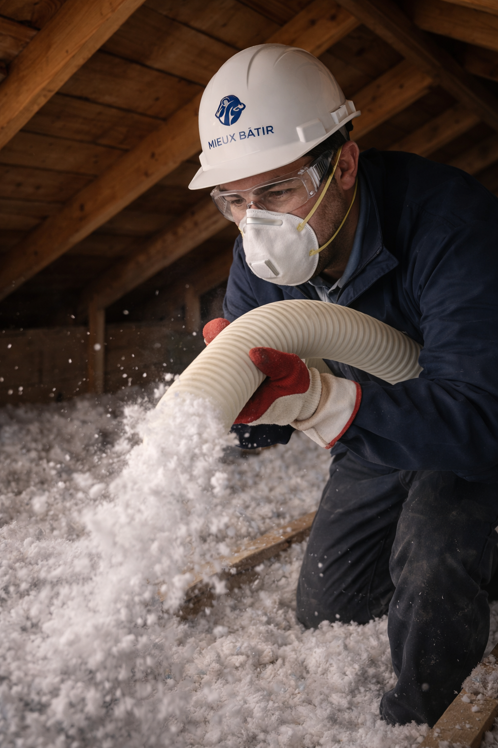 ouvrier mieux batir en train de souffler de l'isolation